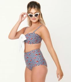 Unique Vintage Navy Gingham & Ladybug Print Rialto Bikini Top