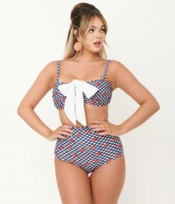 Unique Vintage Navy Gingham & Ladybug Print Rialto Bikini Top