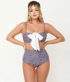 Unique Vintage Navy Gingham & Ladybug Print Rialto Bikini Top