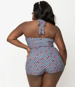 Unique Vintage Plus Size Navy Gingham & Ladybug Print Boy Short Pismo Romper Swimsuit Swimwear