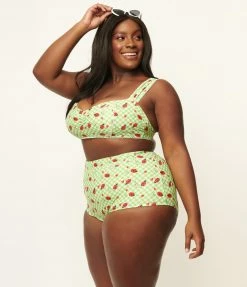 Unique Vintage Plus Size Green Gingham & Ladybug Print Ruched & Ready Swim Top