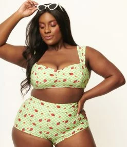 Unique Vintage Plus Size Green Gingham & Ladybug Print Ruched & Ready Swim Top