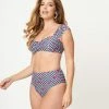 Unique Vintage Navy Gingham & Ladybug Print Ruched & Ready Swim Top Swimwear