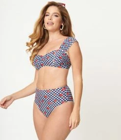 Unique Vintage Navy Gingham & Ladybug Print Ruched & Ready Swim Top Swimwear