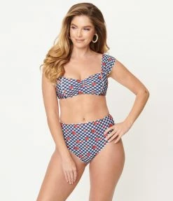 Unique Vintage Navy Gingham & Ladybug Print Ruched & Ready Swim Top Swimwear