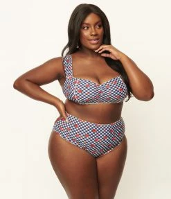 Swimwear Unique Vintage Plus Size Navy Gingham & Ladybug Print Daphne Swim Bottoms
