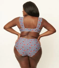 Swimwear Unique Vintage Plus Size Navy Gingham & Ladybug Print Daphne Swim Bottoms