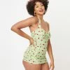 Unique Vintage Green Gingham & Ladybug Corinne Sheath Swimsuit