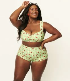 Unique Vintage Plus Size Green Gingham & Ladybug Mrs Cooper Swim Bottoms Swimwear