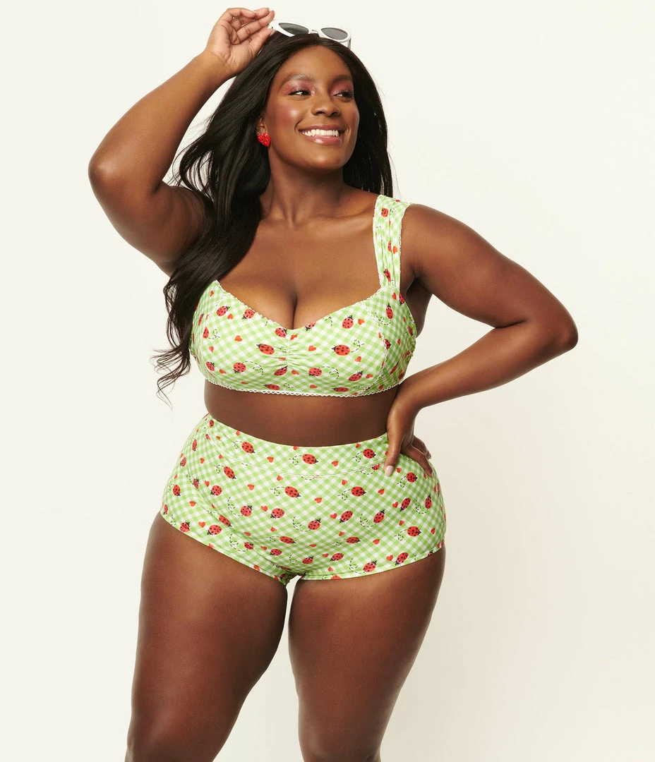 Unique Vintage Plus Size Green Gingham & Ladybug Mrs Cooper Swim Bottoms Swimwear