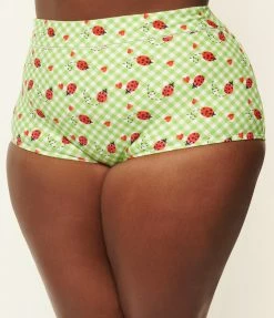 Unique Vintage Plus Size Green Gingham & Ladybug Mrs Cooper Swim Bottoms Swimwear