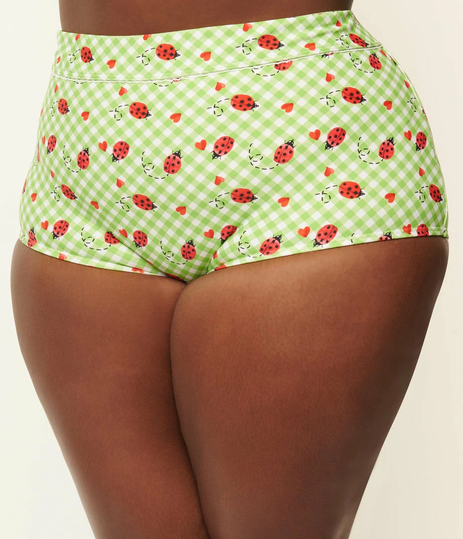 Unique Vintage Plus Size Green Gingham & Ladybug Mrs Cooper Swim Bottoms Swimwear
