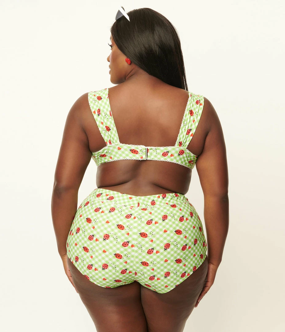 Unique Vintage Plus Size Green Gingham & Ladybug Mrs Cooper Swim Bottoms Swimwear