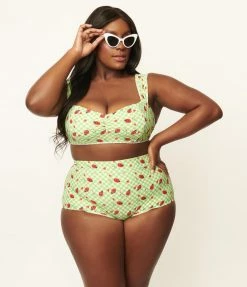 Unique Vintage Plus Size Green Gingham & Ladybug Mrs Cooper Swim Bottoms Swimwear