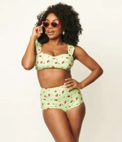 Swimwear Unique Vintage Green Gingham & Ladybug Mrs Cooper Swim Bottoms