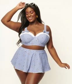 Unique Vintage Plus Size Blue Gingham & Daisy Pin-Up Coronado Swim Skirt Swimwear