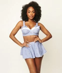 Swimwear Unique Vintage Blue Gingham & Daisy Pin-Up Coronado Swim Skirt