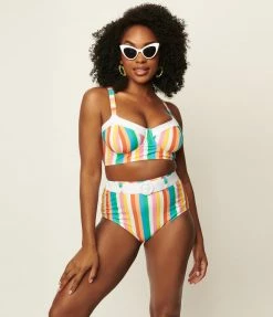 Unique Vintage Pride Rainbow Stripes Marlene Crop Swim Top