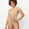 Swimwear Unique Vintage Tan Suede Fringe Swimsuit