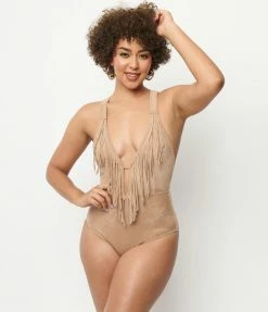 Swimwear Unique Vintage Tan Suede Fringe Swimsuit
