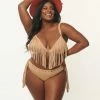 Swimwear Unique Vintage Plus Size Tan Suede Fringe Western Bikini Top
