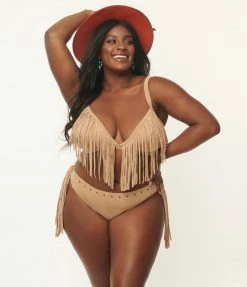 Swimwear Unique Vintage Plus Size Tan Suede Fringe Western Bikini Top