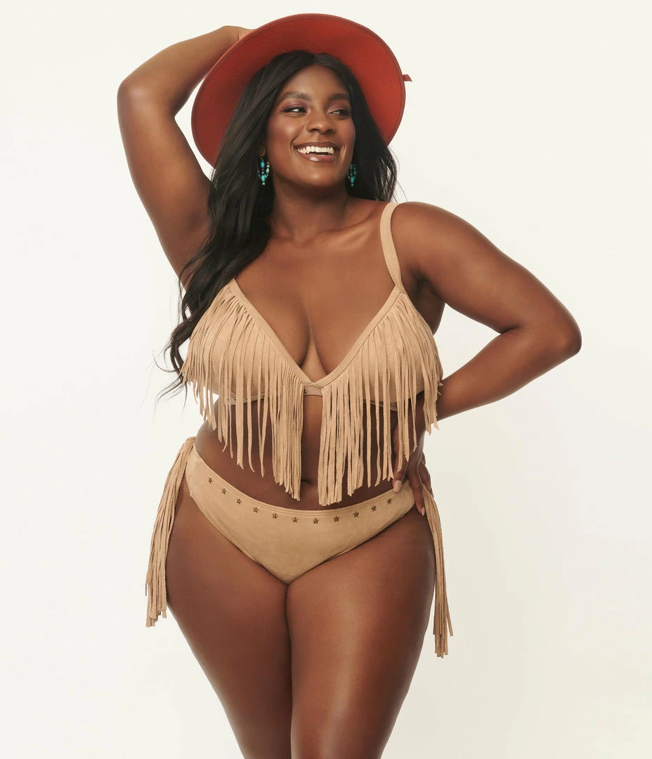 Swimwear Unique Vintage Plus Size Tan Suede Fringe Western Bikini Top