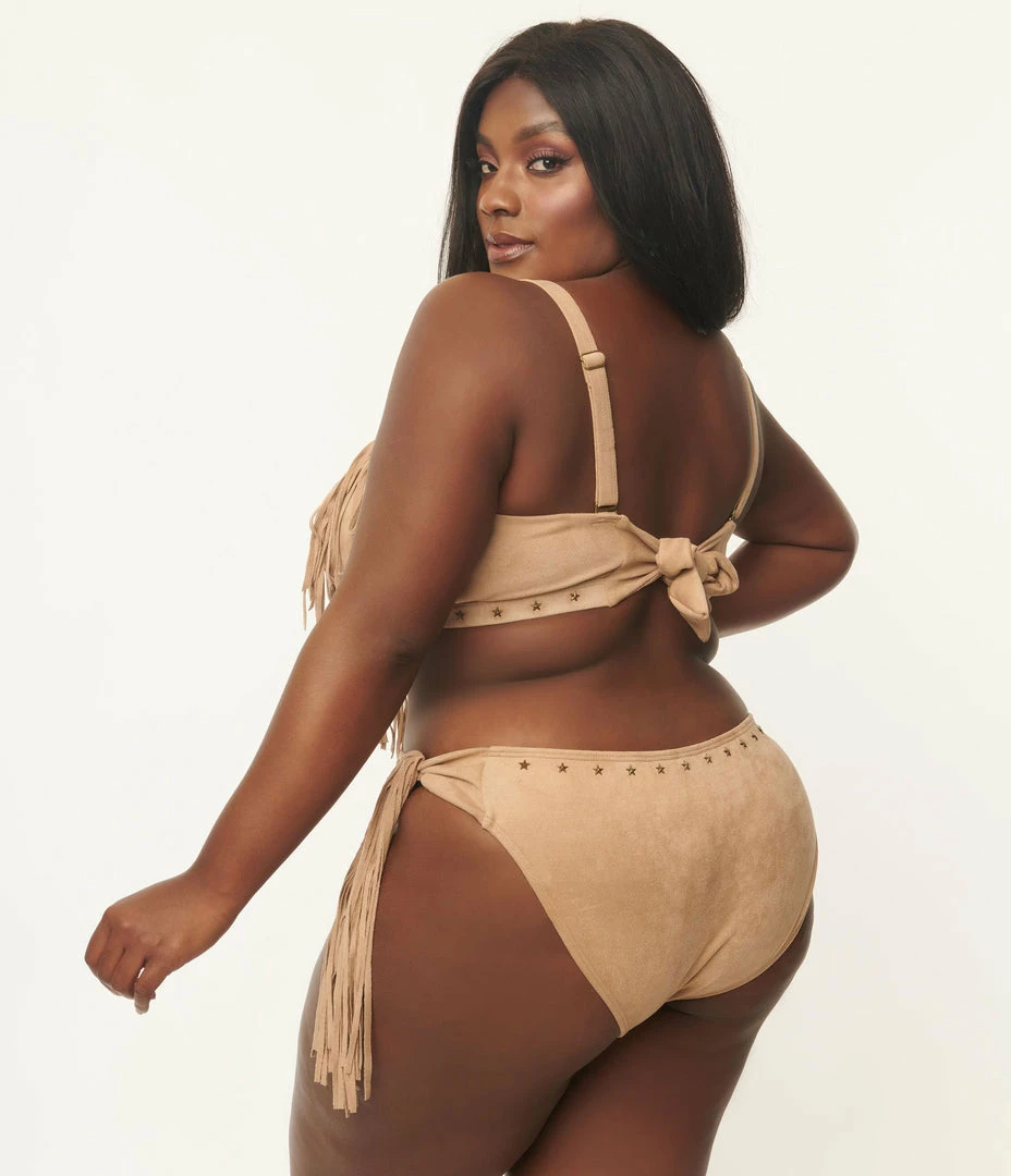 Swimwear Unique Vintage Plus Size Tan Suede Fringe Western Bikini Top