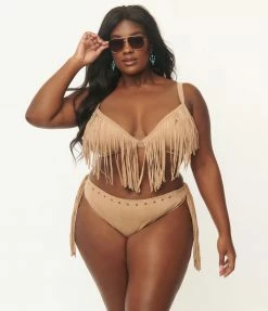 Swimwear Unique Vintage Plus Size Tan Suede Fringe Western Bikini Top