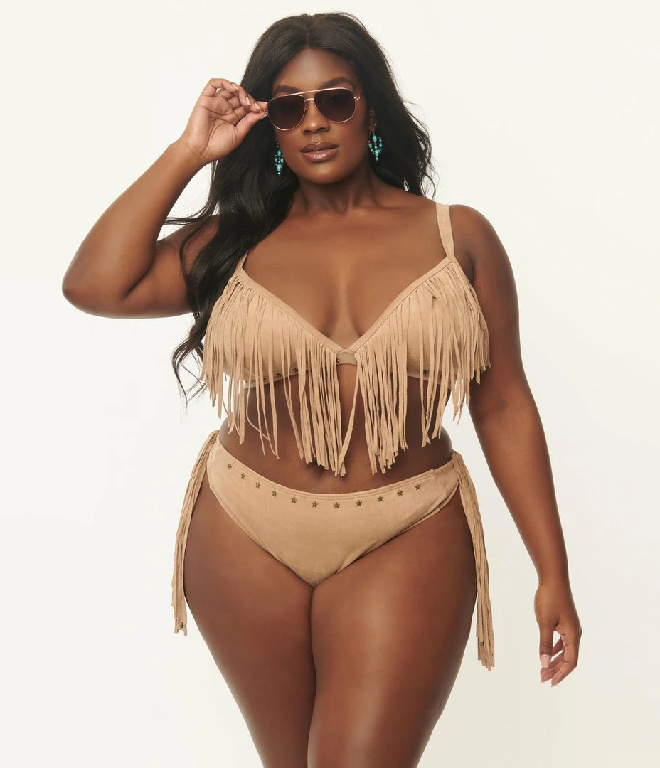 Swimwear Unique Vintage Plus Size Tan Suede Fringe Western Bikini Top