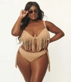 Swimwear Unique Vintage Plus Size Tan Suede Fringe Western Bikini Top