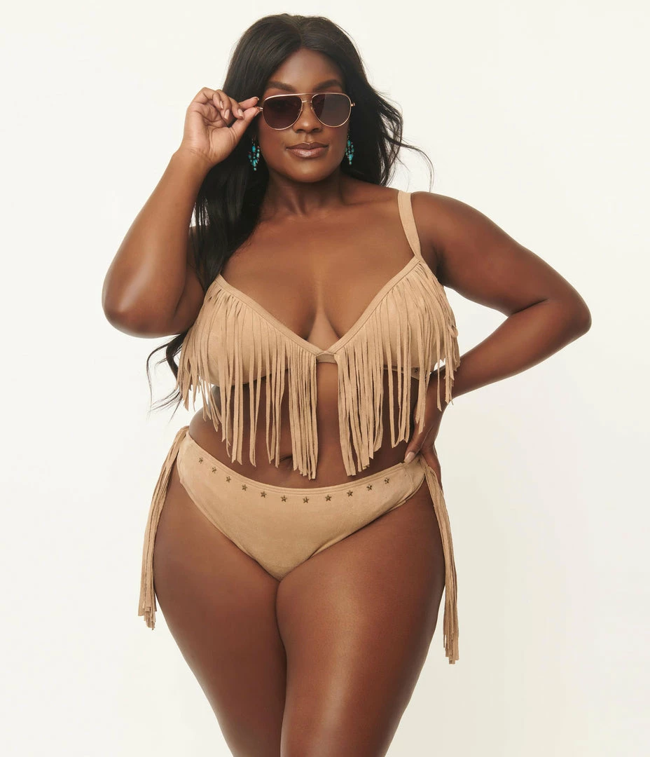Swimwear Unique Vintage Plus Size Tan Suede Fringe Western Bikini Top