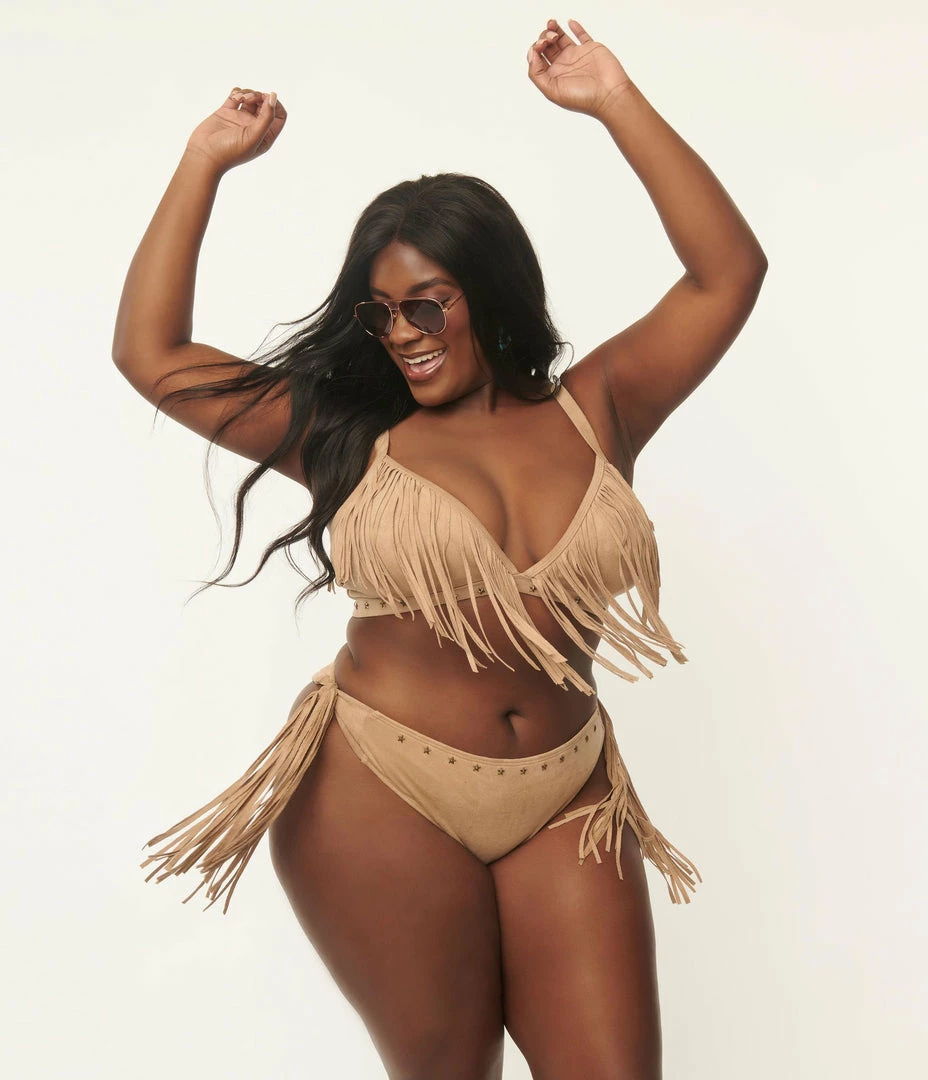 Swimwear Unique Vintage Plus Size Tan Suede Fringe Western Bikini Top
