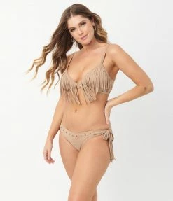 Unique Vintage Tan Suede Fringe Western Bikini Top Swimwear