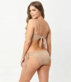 Unique Vintage Tan Suede Fringe Sweet & Sash-y Swim Bottom Swimwear