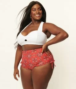 Unique Vintage Plus Size Red Bandana Print Provincetown Swim Bottom