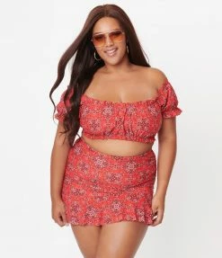 Swimwear Unique Vintage Plus Size Red Bandana Print Encinitas Swim Crop Top
