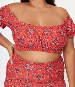 Swimwear Unique Vintage Plus Size Red Bandana Print Encinitas Swim Crop Top