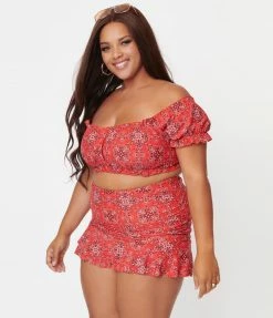 Swimwear Unique Vintage Plus Size Red Bandana Print Encinitas Swim Crop Top