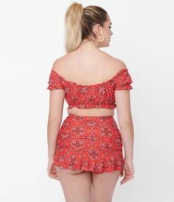 Unique Vintage Red Bandana Ruffle Encinitas Swim Crop Top