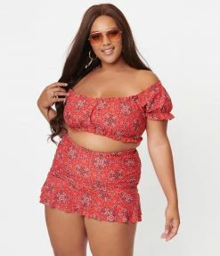 Unique Vintage Plus Size Red Bandana Print Alice Swim Skirt Swimwear