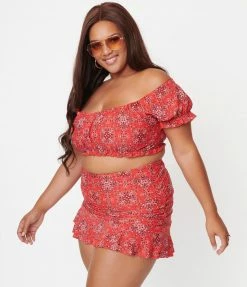 Unique Vintage Plus Size Red Bandana Print Alice Swim Skirt Swimwear