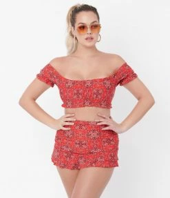 Unique Vintage Red Bandana Print Alice Swim Skirt Swimwear
