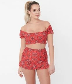 Unique Vintage Red Bandana Print Alice Swim Skirt Swimwear