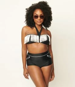 Unique Vintage Black & White Western Fringe Forever Glam Swim Top