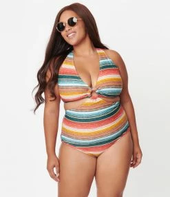 Swimwear Unique Vintage Plus Size Serape Stripe Fresh Cut One Piece Swimsuit