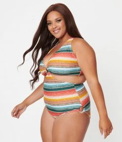 Swimwear Unique Vintage Plus Size Serape Stripe Fresh Cut One Piece Swimsuit