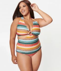 Swimwear Unique Vintage Plus Size Serape Stripe Fresh Cut One Piece Swimsuit
