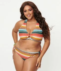 Unique Vintage Plus Size Serape Stripe Give Us A Ring Swim Top Swimwear