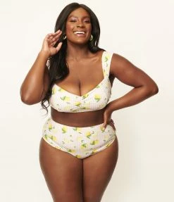 Unique Vintage Plus Size Light Pink Stripe & Lemons Daphne Swim Bottoms